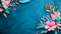 Tropical floral frame on dark turquoise textured background with pink plumeria flowers and exotic leaves creating elegant corner arrangement.