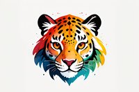 Colorful artistic tiger head portrait with rainbow gradient mane in watercolor style, perfect for logo design, prints and creative projects. Isolated on white background.