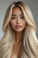 Young Asian woman with long platinum blonde hair and natural makeup looking directly at camera against neutral background. Professional beauty portrait.