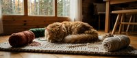 Ginger tabby cat playing with toy tunnels on woven mat indoors, relaxing in sunlit room with wooden furniture and windows.