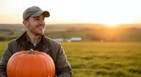 Male farmer in cap holding large orange pumpkin in autumn harvest field at golden sunset, agricultural produce and seasonal farming concept for harvest marketing and farm business.