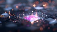 Glowing microprocessor with pink and purple light emission on circuit board, digital technology concept with bokeh effect, futuristic computing visualization.