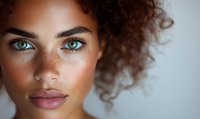 Close up portrait of young mixed race woman with natural freckles, bright green eyes and curly dark hair against light background. Fresh natural beauty concept.