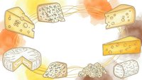 Hand-drawn cheese varieties frame with watercolor splashes on white background for culinary designs, restaurant menus, and food packaging projects.