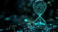 Digital hourglass with flowing binary code on dark circuit board background, glowing cyan light effects create futuristic atmosphere for technology concepts.