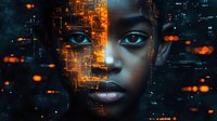 Young African woman face merged with glowing orange circuit patterns against dark background, representing artificial intelligence and digital transformation.
