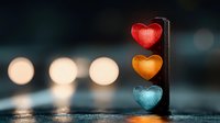 Stacked heart-shaped objects in red, orange, and teal on wooden post with bokeh lights, symbolizing love, emotions, and relationships for Valentine's Day designs.