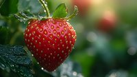 Fresh ripe strawberry with water drops and green leaves against blurred garden background, macro photography showing detailed texture and natural lighting.