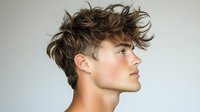 Young Caucasian male model with tousled brown hair and defined facial features shown in profile against light background, demonstrating modern messy hairstyle trend.