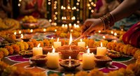 Woman lighting traditional oil lamps during Diwali celebration with marigold flowers and festive decorations creating warm spiritual atmosphere for Hindu festival.