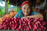 Senior Asian woman vendor at traditional market displays fresh red sweet potatoes. Wearing colorful headscarf and traditional dress, she leans on her produce with warm expression.
