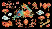 Lunar new year rabbit with cherry blossoms, lanterns, fans and decorative elements isolated on transparent background. Ready for t-shirt design, clipart, stickers, sublimation and print-on-demand projects.