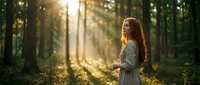 Young woman with long reddish-brown hair, fair complexion, wearing casual gray clothing, standing alone in sunlit forest surrounded by tall trees and golden light rays filtering through foliage.