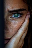 Close-up portrait of young woman with intense green eyes, natural freckles, and hand partially covering face, captured in dramatic moody lighting.