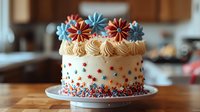 Festive layer cake decorated with red and blue buttercream flowers, patriotic sprinkles, and piped swirls on white frosting, displayed on cake stand against wooden background.