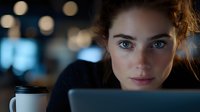 Young professional woman with freckles working late on laptop in modern office with city lights bokeh background for business and technology concepts.