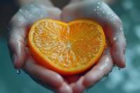 Fresh heart-shaped orange slice held in wet hands with water drops, perfect for wellness, healthy lifestyle, and Valentine's Day concepts against blurred turquoise background.
