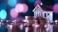 Small house model on stack of coins with colorful bokeh lights background representing real estate investment, mortgage, property finance concept.