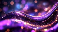 Abstract glowing wave with sparkling particles on dark background, purple and pink bokeh lights creating magical flowing motion effect.