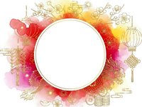 Festive watercolor frame with golden Asian ornaments and lanterns on vibrant red pink background. Circular white space for text or design elements.