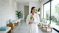 Young Caucasian woman in white bathrobe holding fresh drink at luxury spa resort, enjoying wellness retreat in serene interior.