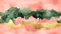 Dreamy watercolor abstract in coral pink and emerald green with golden accents creates flowing organic shapes and ethereal atmosphere for wall art and textile design.