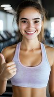 Happy young Caucasian woman in pink sports bra giving thumbs up at gym, smiling fitness enthusiast showing positive attitude during workout session.