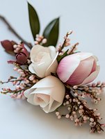 Delicate paper flower arrangement featuring cream and pink roses with berries and foliage on soft gray background, suitable for wedding and celebration designs.