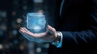 Businessman hand holding glowing digital wallet icon with sparkles for fintech mobile payment and cryptocurrency transaction concepts.