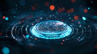 Glowing blue circular portal with particle effects and bokeh lights against dark background creates futuristic sci-fi atmosphere. Suitable for tech concepts.