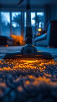 Vacuum cleaner head on carpet illuminated by warm evening light through window, creating dramatic contrast between orange glow and blue dusk atmosphere.