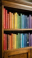 Colorful books arranged by rainbow spectrum on wooden bookshelf creating organized library display for education and reading concepts.