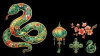 Ornate Asian-inspired snake illustration with decorative floral patterns, lantern, cherry blossoms, and traditional knot symbols isolated on transparent background for clipart, t-shirt design, and print-on-demand projects.