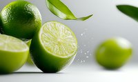 Fresh lime cut in half with water drops and green leaves on light background, macro shot showing juicy citrus texture and bright color for food design.