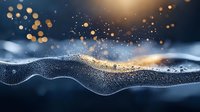 Abstract flowing wave with golden particles and bokeh lights on dark blue background, creating magical atmospheric effect for luxury design projects.