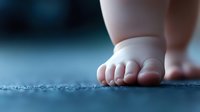 Close up view of baby feet taking first steps on carpet, soft focus with gentle blue tones creating tender mood for parenting and childhood milestones.