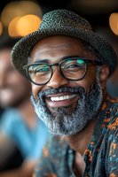 Mature African American man with gray beard wearing fedora hat and glasses smiling warmly at camera. Natural bokeh background creates welcoming atmosphere.