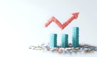 Colorful bar graph with upward trending red arrow showing business growth and financial success on white background.