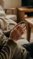Senior man hands holding smartphone in cozy living room. Elderly person using mobile technology at home. Mature adult texting or browsing internet indoors.