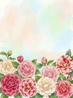 Watercolor camellia flowers in pink, red and cream tones on soft pastel background, floral border with copy space for greeting cards.