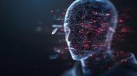 Digital head silhouette with glowing red data streams and particles emerging from face profile against dark background, representing artificial intelligence technology.