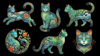 Ornate cats with intricate turquoise and gold patterns, isolated on transparent background. Ready for t-shirt designs, stickers, clipart, sublimation, and print-on-demand products.