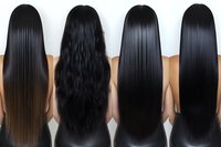 Long black straight and wavy hair types shown on four models from behind, demonstrating different hair textures and styling results for beauty salon or hair care products.