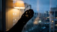 Young adult male with dark skin tone touching rain-covered window at dusk, cityscape visible behind, warm indoor lighting contrasting cool evening atmosphere, contemplative mood for editorial and lifestyle use.