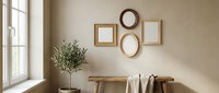 Minimalist Scandinavian entryway with empty wooden frames gallery wall, rustic bench, olive tree, and neutral tones for home decor mockup.
