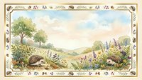 Hedgehogs in wildflower meadow with rolling hills, surrounded by decorative botanical border frame. Vintage countryside scene for nature, wildlife, garden, and storybook illustration projects.