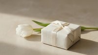 Elegant gift box with cream ribbon beside white tulips on neutral background for special occasions and celebrations.