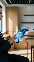 Professional businesswoman using digital tablet with holographic interface displaying data analytics and charts in modern office environment.