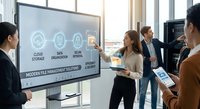 Business team presenting modern file management solutions on interactive display screen in contemporary office meeting room with natural lighting.