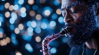 African American male musician playing saxophone with glitter sparkles on dark beard against blurred blue bokeh lights creating magical atmospheric performance scene.